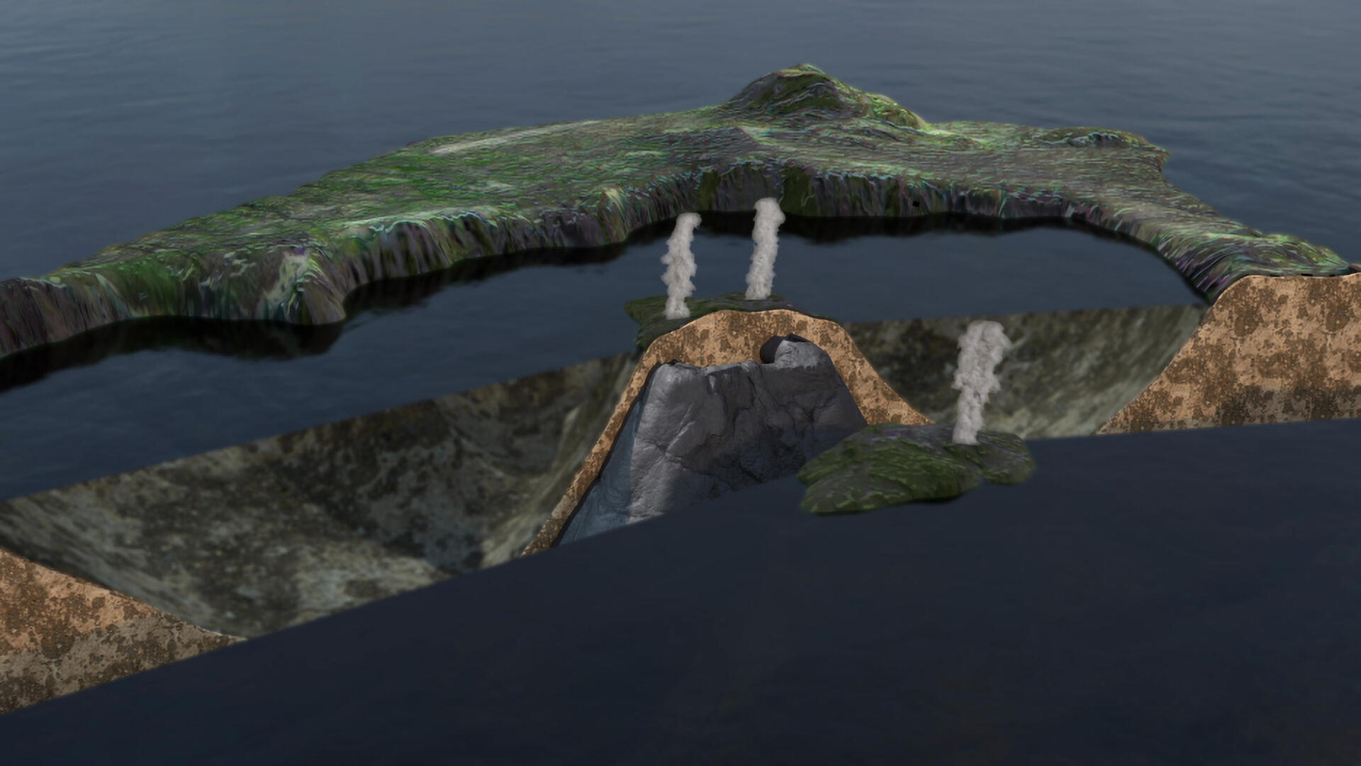 3D Graphic: Under Santorini today, likes evidence of the huge eruption that happened some 3,5000-4,000 years ago.
